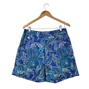 Lauren Ralph Lauren Cuffed Shorts 6 Blue Green Paisley Floral Pockets Zip Front